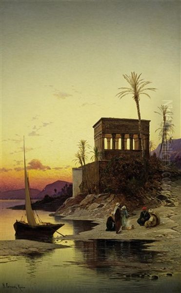 Abend Am Nil - Der Kiosk Des Trajan, Philae Am Nil Oil Painting by Hermann David Solomon Corrodi