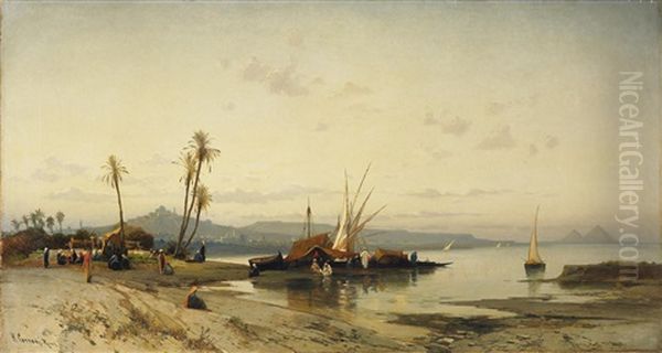 Uferpartie Am Nil. Flusslandschaft Bei Gizeh Mit Pyramiden Und Figurenstaffage Oil Painting by Hermann David Solomon Corrodi