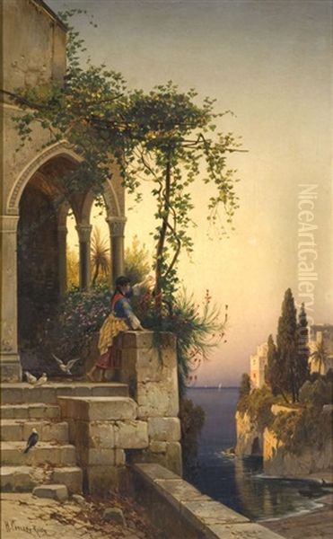 Veduta Costiera Con Fanciulla Nell'antico Palazzo Oil Painting by Hermann David Solomon Corrodi