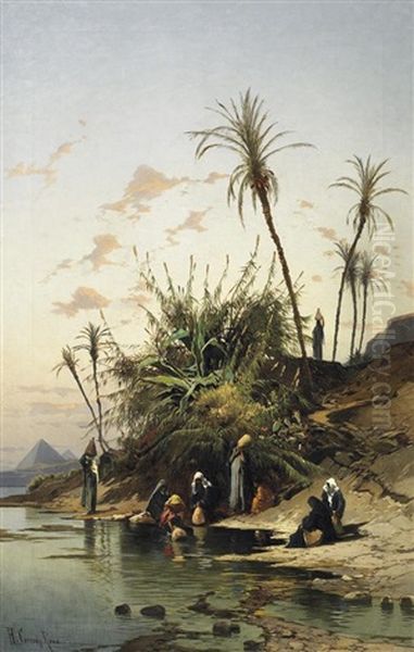Am Nil. Frauen Mit Ihren Krugen Beim Wasserholen Oil Painting by Hermann David Solomon Corrodi