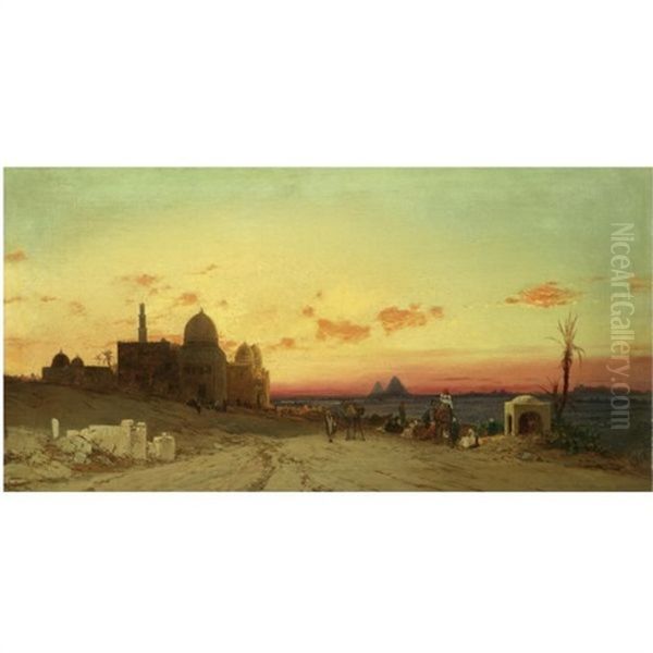 A View Of The Tomb Of The Caliphs With The Pyramids Of Giza Beyond, Cairo Oil Painting by Hermann David Solomon Corrodi