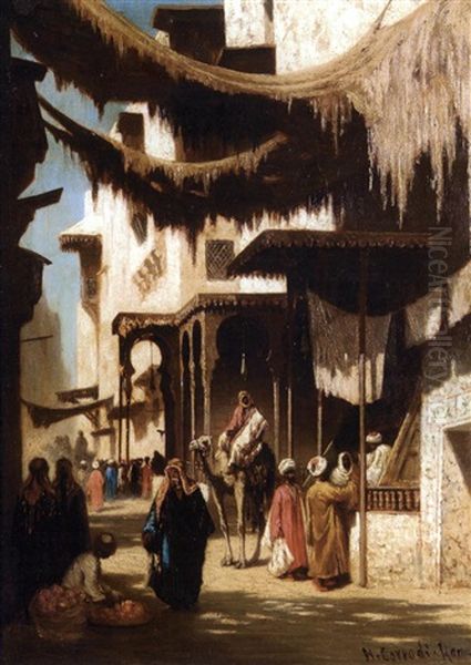 Foule Aux Portes Du Caravanserail Oil Painting by Hermann David Solomon Corrodi