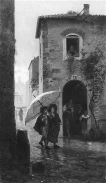 Under The Red Umbrella Oil Painting by Hermann David Solomon Corrodi