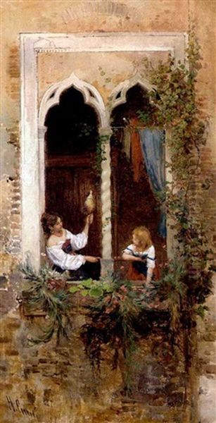 Im Blumengeschmuckten Fenster Eines Venezianischen Hauses Zwei Madchen Im Gesprach Miteinander Oil Painting by Hermann David Solomon Corrodi