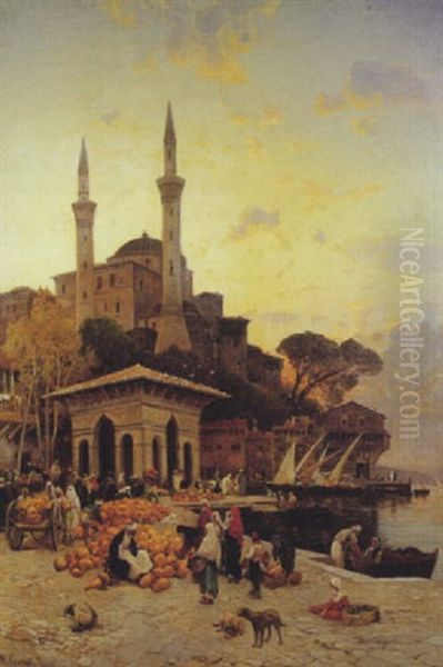Scene De Marche Sur Le Bosphore Oil Painting by Hermann David Solomon Corrodi