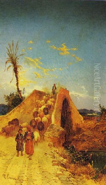 Il Ritorno Dei Pastori Col Gregge Oil Painting by Hermann David Solomon Corrodi