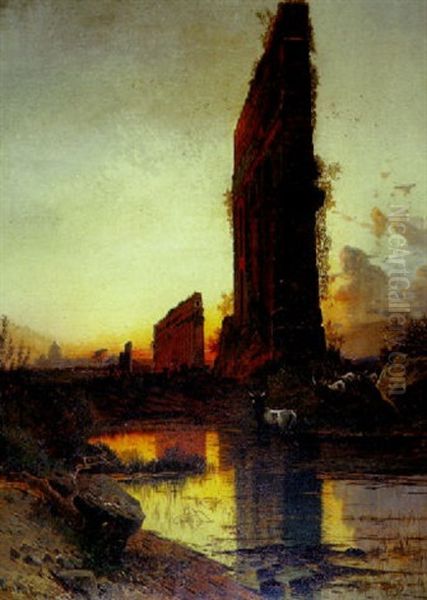 Ruins Outside Of Rome With Cattle In The Foreground Oil Painting by Hermann David Solomon Corrodi