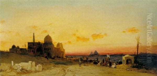Arabs Camping, The Pyramids In The Distance Oil Painting by Hermann David Solomon Corrodi