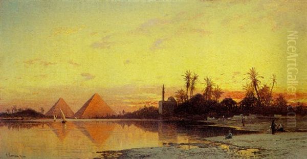 Sunset Over The Pyramids Oil Painting by Hermann David Solomon Corrodi
