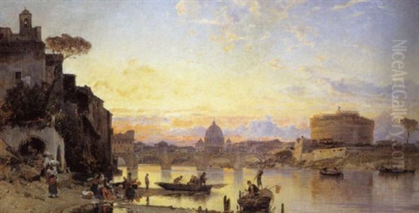 Gezicht Op De Tiber En De Engelenburcht Te Rome Oil Painting by Hermann David Solomon Corrodi