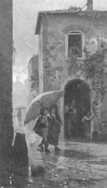 Tivoli- Zwei Kinder Mit Rotem Regenschirm Oil Painting by Hermann David Solomon Corrodi