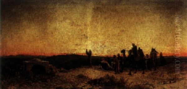 Arabs At Prayer On A Hillside Oil Painting by Hermann David Solomon Corrodi
