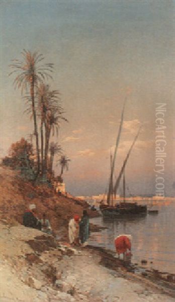 At The Water's Edge Oil Painting by Hermann David Solomon Corrodi