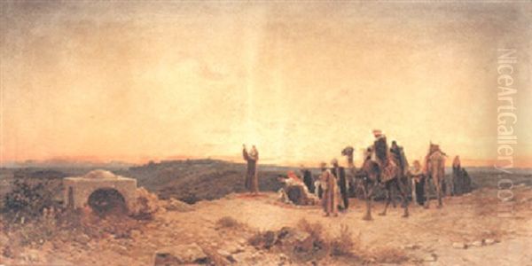 Arabs At Prayer On A Hillside Oil Painting by Hermann David Solomon Corrodi