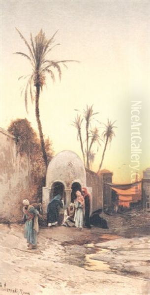 At The Well In An Eastern Street Oil Painting by Hermann David Solomon Corrodi