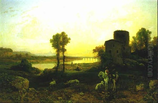 Weideszene Am Tiber Mit Blick Auf Rom Oil Painting by Hermann David Solomon Corrodi