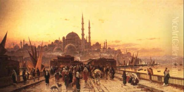 La Corne D'or, Le Pont De Galata Au Crepuscule Oil Painting by Hermann David Solomon Corrodi