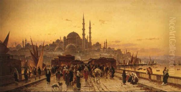 The Bridge Of Galata With The Yeni Valide Djami Mosque, Constantinople Oil Painting by Hermann David Solomon Corrodi