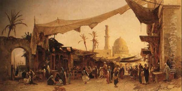 An Arab Market Scene With A Mosque Behind Oil Painting by Hermann David Solomon Corrodi