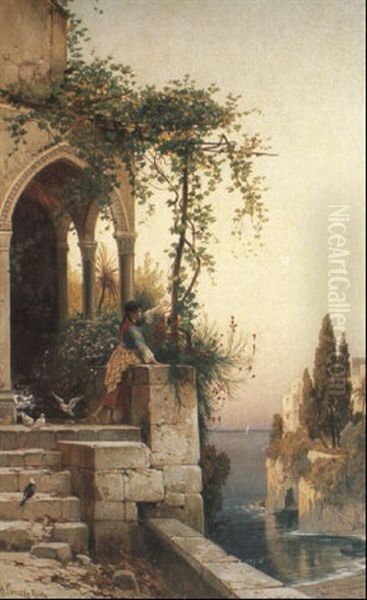 On The Verandah At Dusk Oil Painting by Hermann David Solomon Corrodi