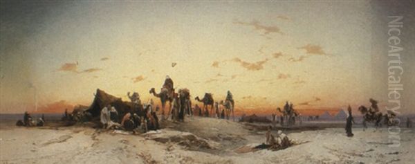 A Caravan In The Egyptian Desert By Pyramids Oil Painting by Hermann David Solomon Corrodi