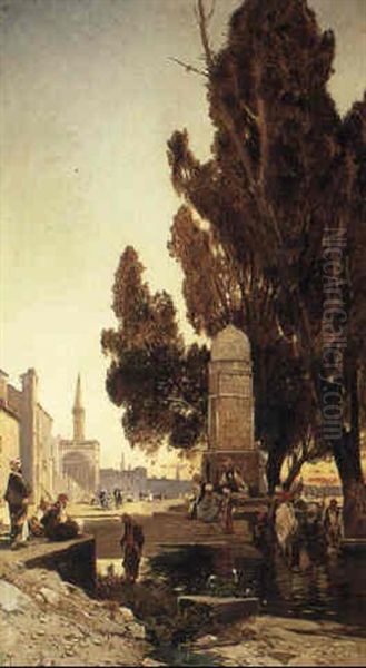Arabs By A Fountain Outside An Egyptian City Oil Painting by Hermann David Solomon Corrodi