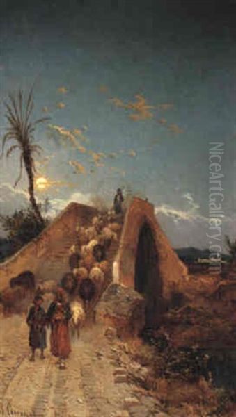 Arab Shepherds On A Bridge Oil Painting by Hermann David Solomon Corrodi