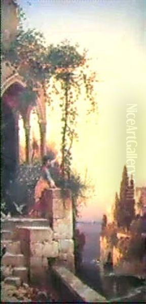 A Girl On A Verandah At Dusk Oil Painting by Hermann David Solomon Corrodi