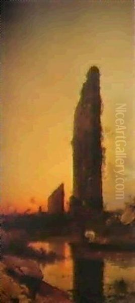 Campagna Romana Con Ruderi Al Tramonto Oil Painting by Hermann David Solomon Corrodi