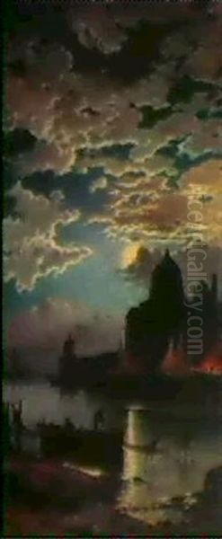 Bringing In The Nets On The Venetian Lagoon By Moonlight Oil Painting by Hermann David Solomon Corrodi