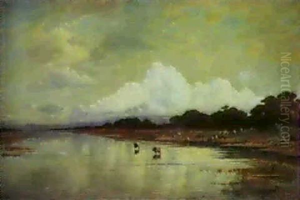Buffalo By A Lake Oil Painting by Hermann David Solomon Corrodi