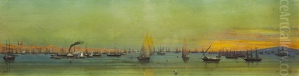 Vapores Y Veleros En La Bahia De Montevideo Oil Painting by Carlos Corsetti