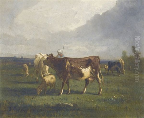 Weidepartie Mit Hirte, Kuhen Und Schafen Oil Painting by Antonio Cortes Cordero