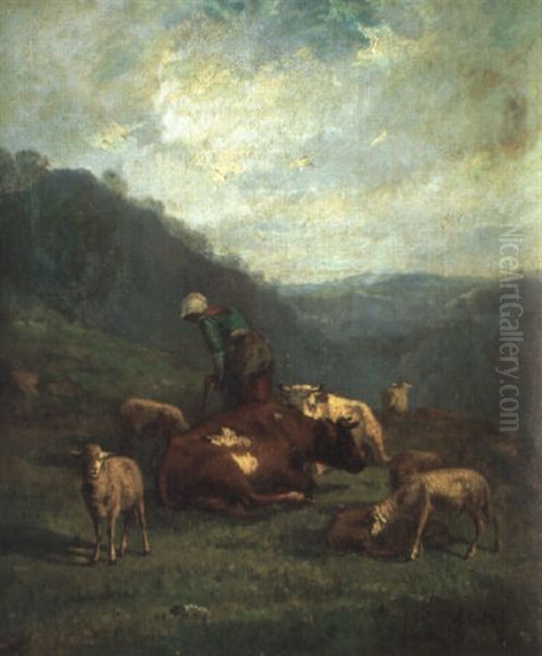 Landskap Med Herdinna Och Boskap Oil Painting by Antonio Cortes Cordero