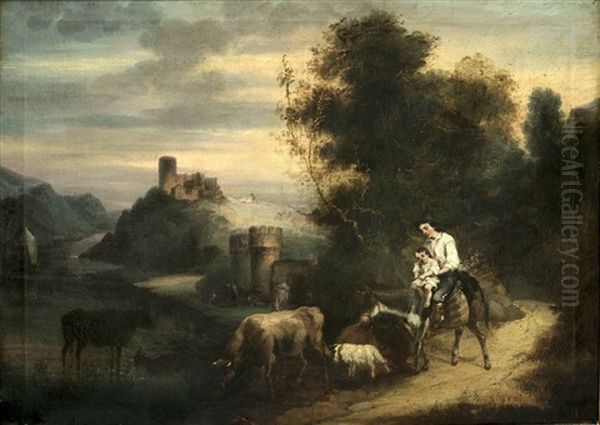 Ninos En Un Burro Con Fondo De Paisaje Oil Painting by Andres Cortes y Aguilar