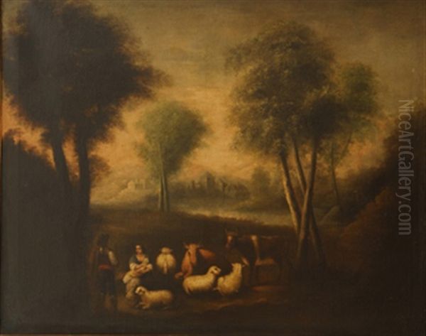 Paisaje Con Pastores Y Ovejas Oil Painting by Andres Cortes y Aguilar