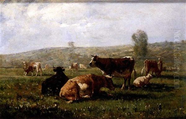 Paisaje Con Vacas Oil Painting by Andres Cortes y Aguilar