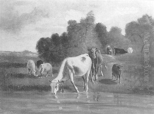 Cattle Grazing An Watering Oil Painting by Andres Cortes y Aguilar