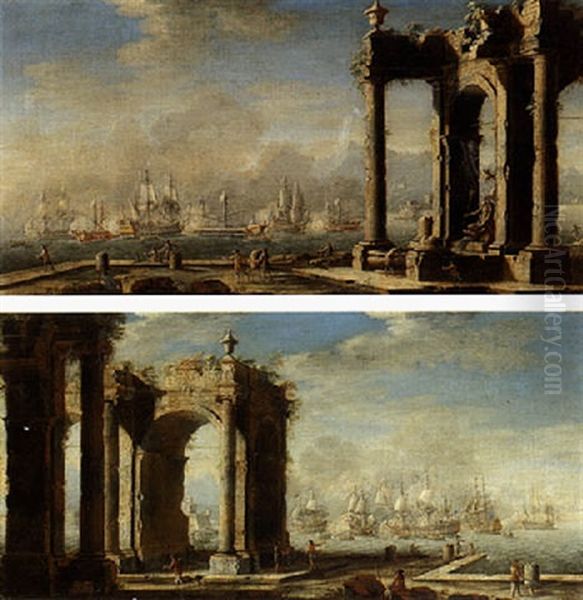 Mediterranean Port Scene With Classical Ruins And A Naval Engagement Between Turks And Christians Beyond Oil Painting by Angelo Maria Costa