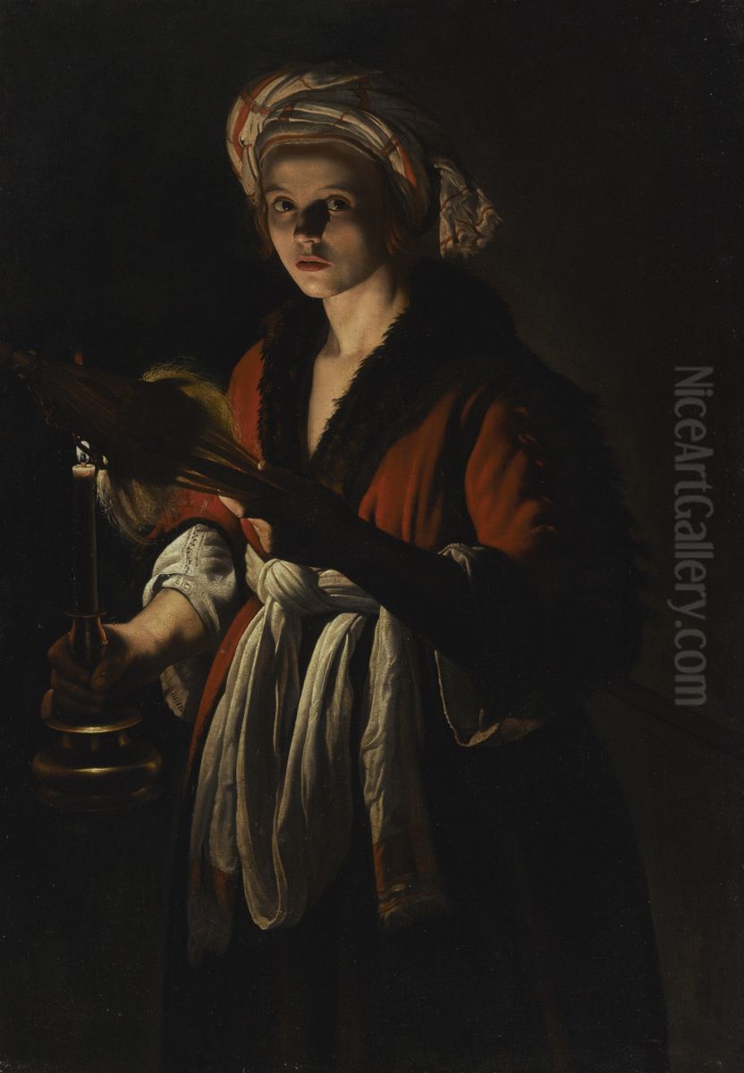 A Young Woman Holding A Distaff Before A Lit Candle Oil Painting by Adam de Coster