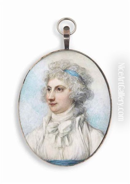 A Lady Called The Duchess Of Richmond, In White Dress, White Coat And White Knotted Scarf, Blue Sash And Blue Hairband In Her Curling Powdered Hair; Sky Background Oil Painting by Richard Cosway