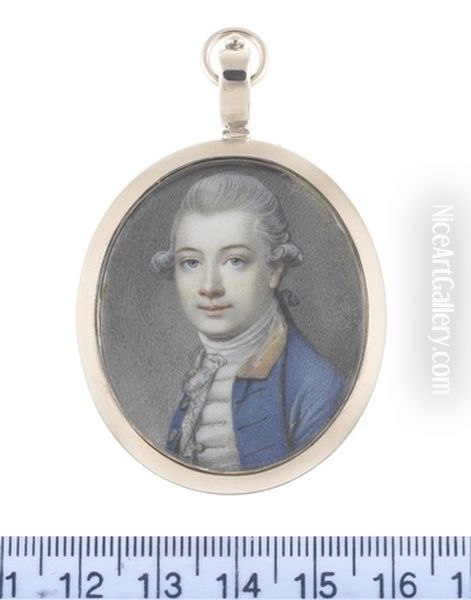 A Gentleman, Wearing Blue Coat With Gold Collar, White Waistcoat, Stock And Lace Cravat, His Powdered Wig Worn En Queue And Tied With A Black Ribbon Bow Oil Painting by Richard Cosway