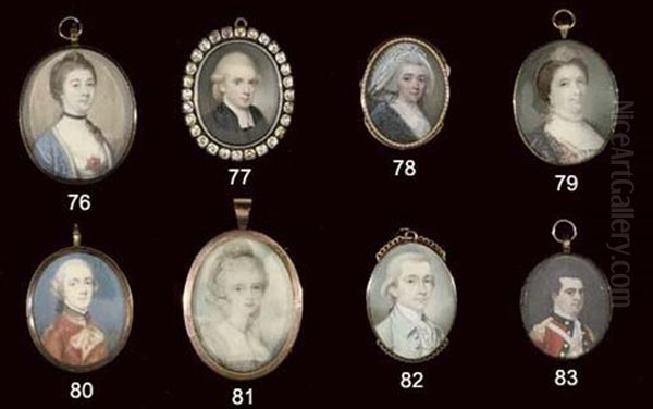 A Young Lady In Patterned Blue Dress With Frilled Collar, A Blue Ribbon In Her Powdered Hair; Sky Background Oil Painting by Richard Cosway