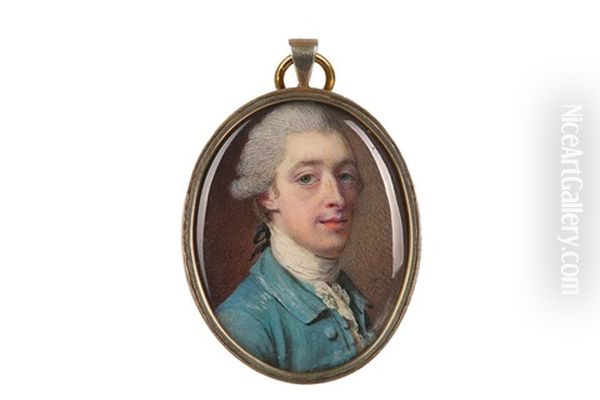 Portrait Miniature Of A Gentleman, Wearing A Green Coat And White Lace Jabot, His Hair Powdered And Worn En Queue
 Dated 1771 Oil Painting by Samuel Cotes