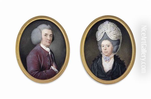 A Pair Of Miniatures: A Gentleman, In Purple Coat And Waistcoat And White Shirt And Cravat, Powdered Wig, His Right Hand Inside His Waistcoat Oil Painting by Samuel Cotes