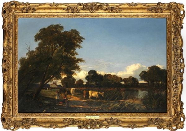 Figures And Cattle By A Pond, A Cottage Beyond Oil Painting by Miles Edmund Cotman
