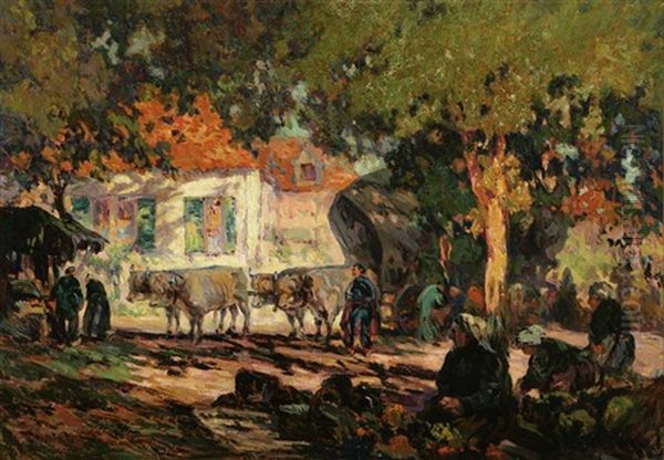 Figures And Covered Ox Cart In A Village Scene Oil Painting by John Wesley Cotton