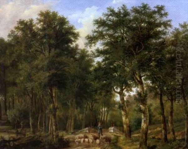 Paysage De Foret Avec Un Berger Et Son Troupeau Oil Painting by Johannes Coucke