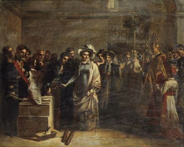 La Duchesse D'angouleme Posant La Premiere Pierre Du Monument Eleve Aux Victimes De Quiberon Oil Painting by Louis Charles Auguste Couder