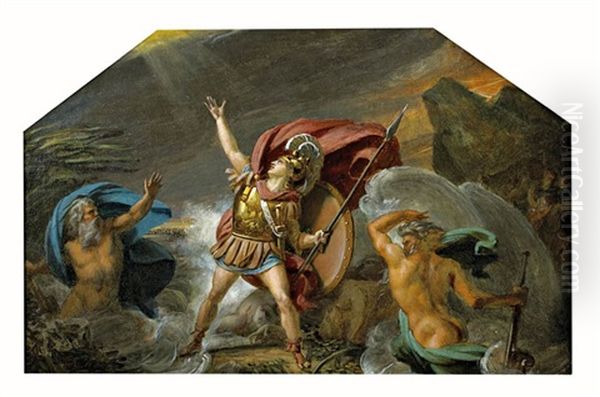 Achille Pres D'etre Englouti Par Le Xanthe Et Le Simois: Allegorie De L'eau Oil Painting by Louis Charles Auguste Couder